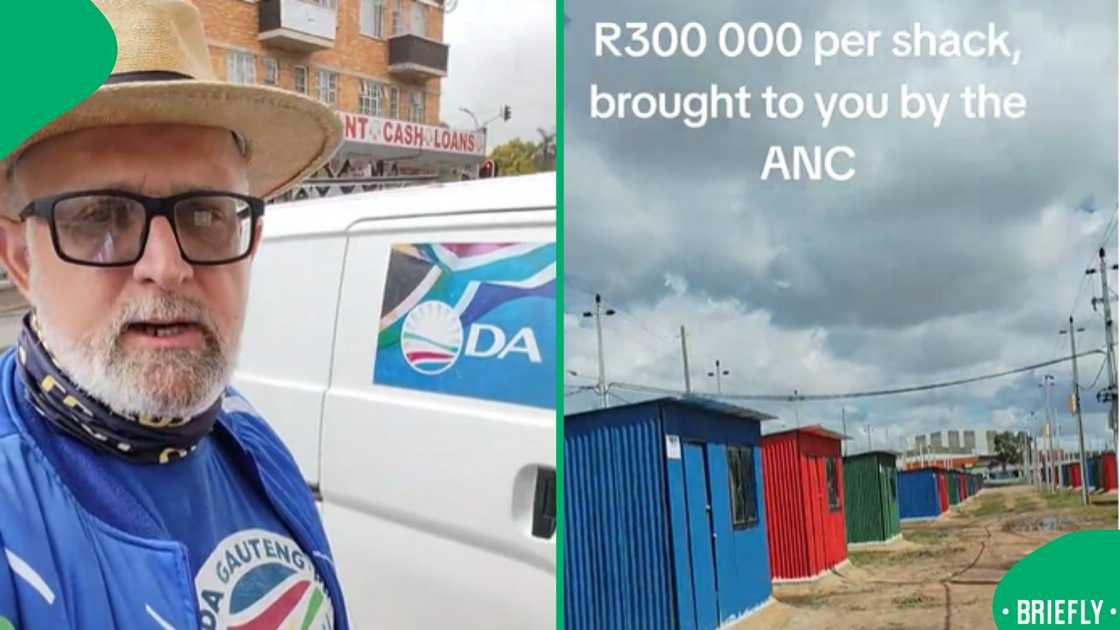 The visual on the right showed the text on the screen claiming that each corrugated iron shack costed R300,000