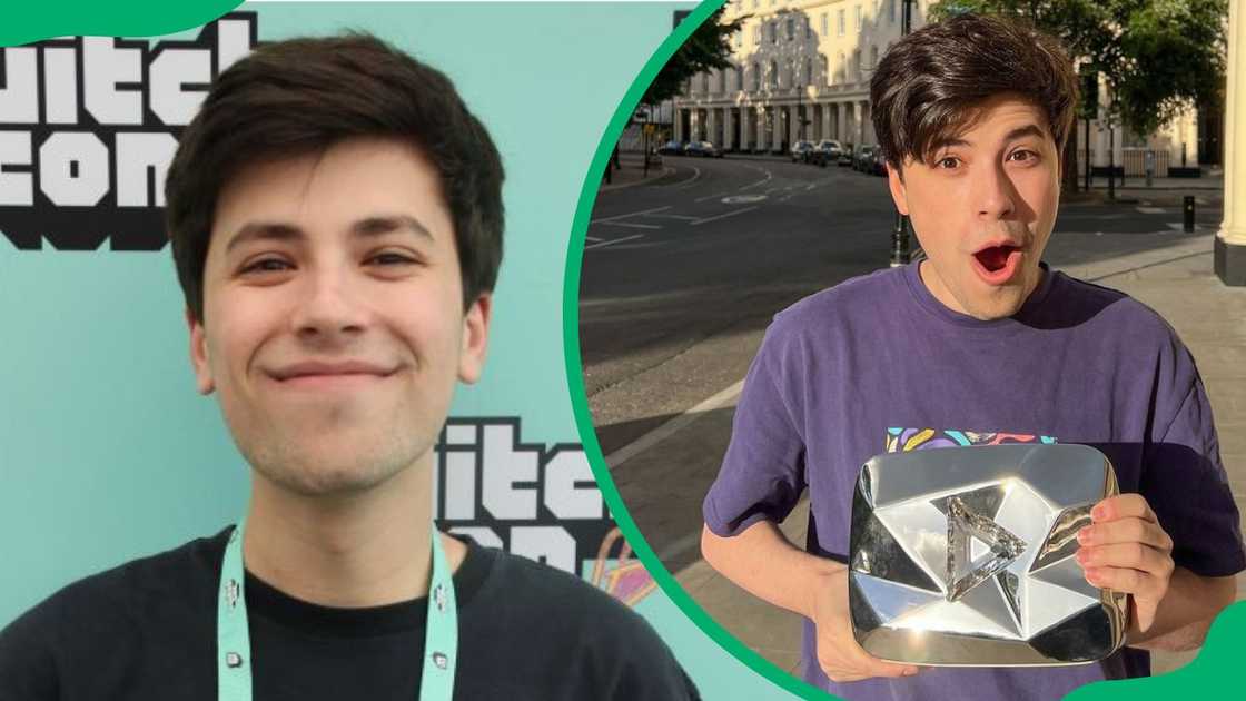 GeorgeNotFound during TwitchCon 2022 (L). The internet personality showing off his YouTube diamond play button (R)