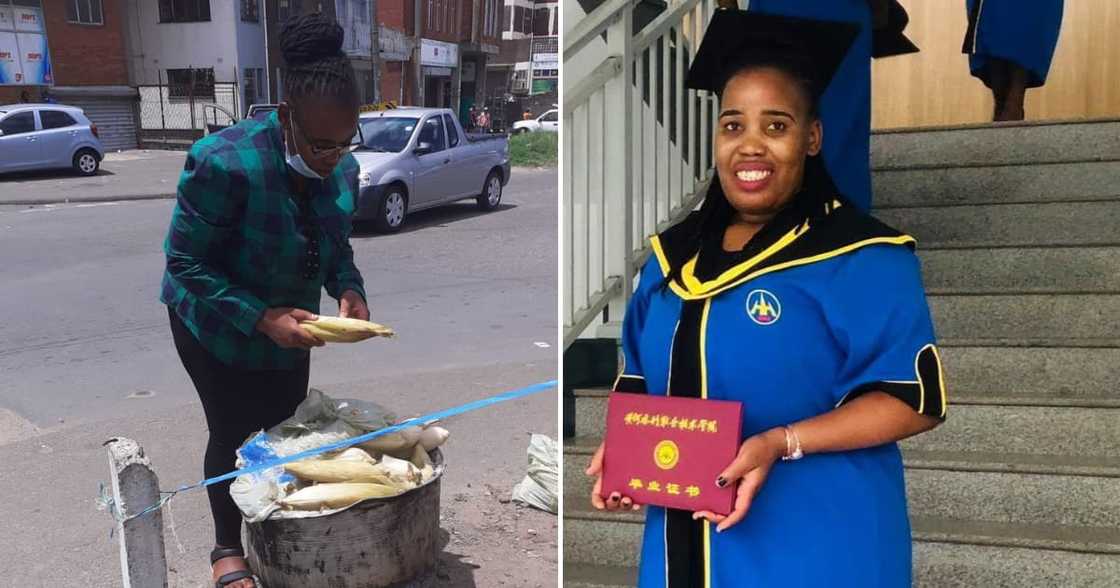 A hard-working young woman has obtained an international qualification after selling mielies for years