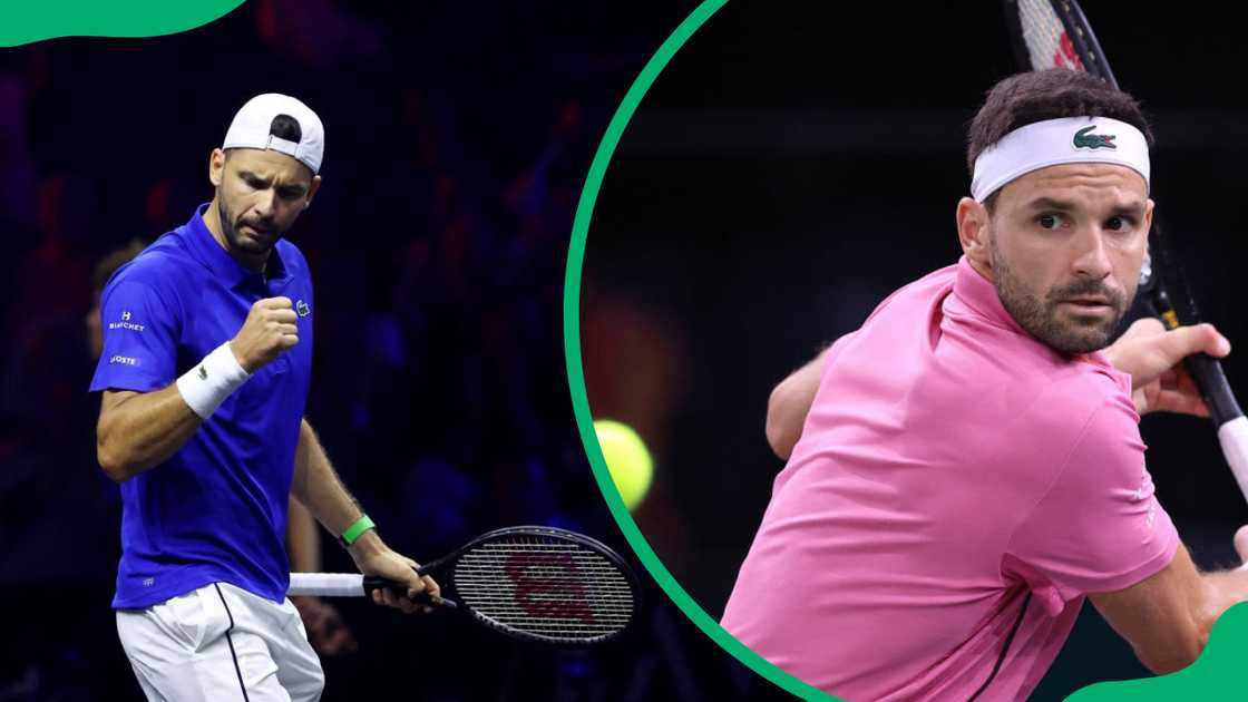 Grigor Dimitrov of Team Europe celebrates a point (L). Grigor Dimitrov of Bulgaria plays a backhand (R). Grigor Dimitrov of Team Europe celebrates a point (L). Grigor Dimitrov of Bulgaria plays a backhand (R).