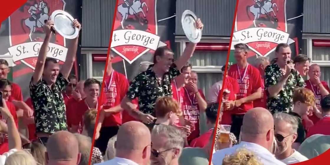 Collage of Jan Smit celebrating with St George's players. Collage of Jan Smit celebrating with St George's players.