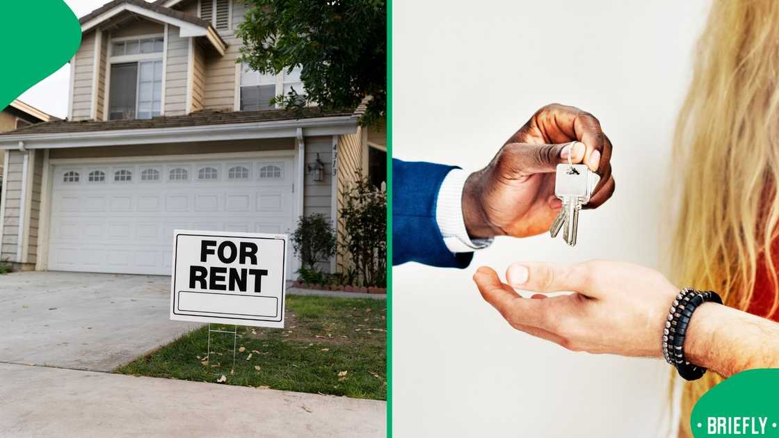 On the right side, a person wearing a blue jacket had been handing over a set of silver keys to another person On the right side, a person wearing a blue jacket had been handing over a set of silver keys to another person
