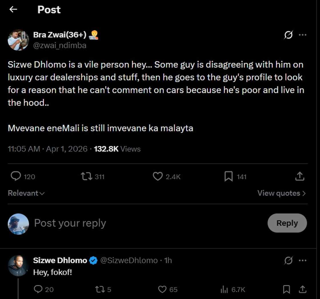 Sizwe Dhlomo allegedly poverty-shames a fan Sizwe Dhlomo allegedly poverty-shames a fan