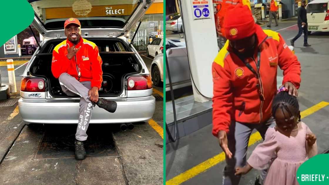 The little girl led, and the petrol attendant copied everything he did The little girl led, and the petrol attendant copied everything he did
