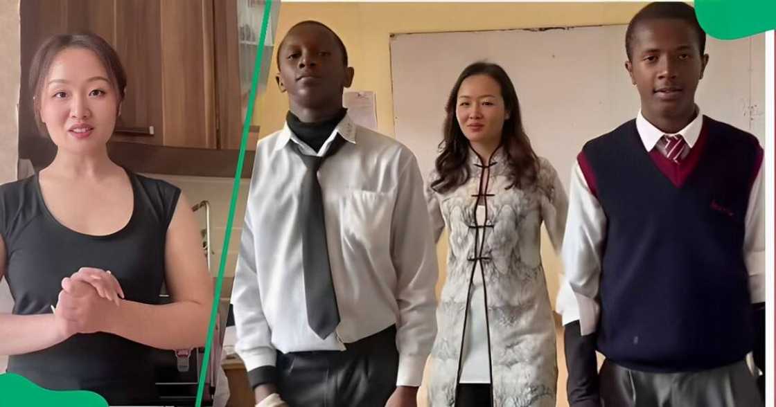 A TikTok video shows an Asian teacher dancing with her African students. A TikTok video shows an Asian teacher dancing with her African students.