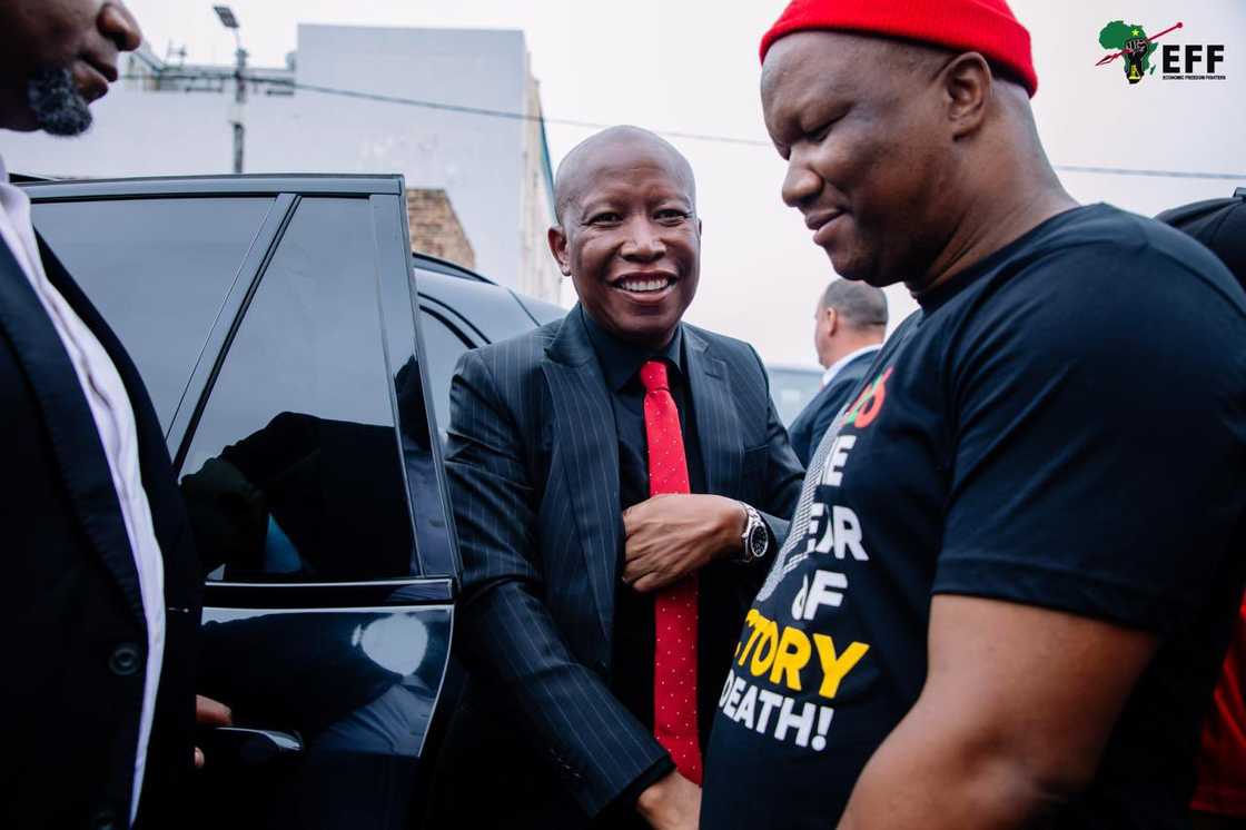 Economic Freedom Fighters president Julius Malema smiles after he was released on warning