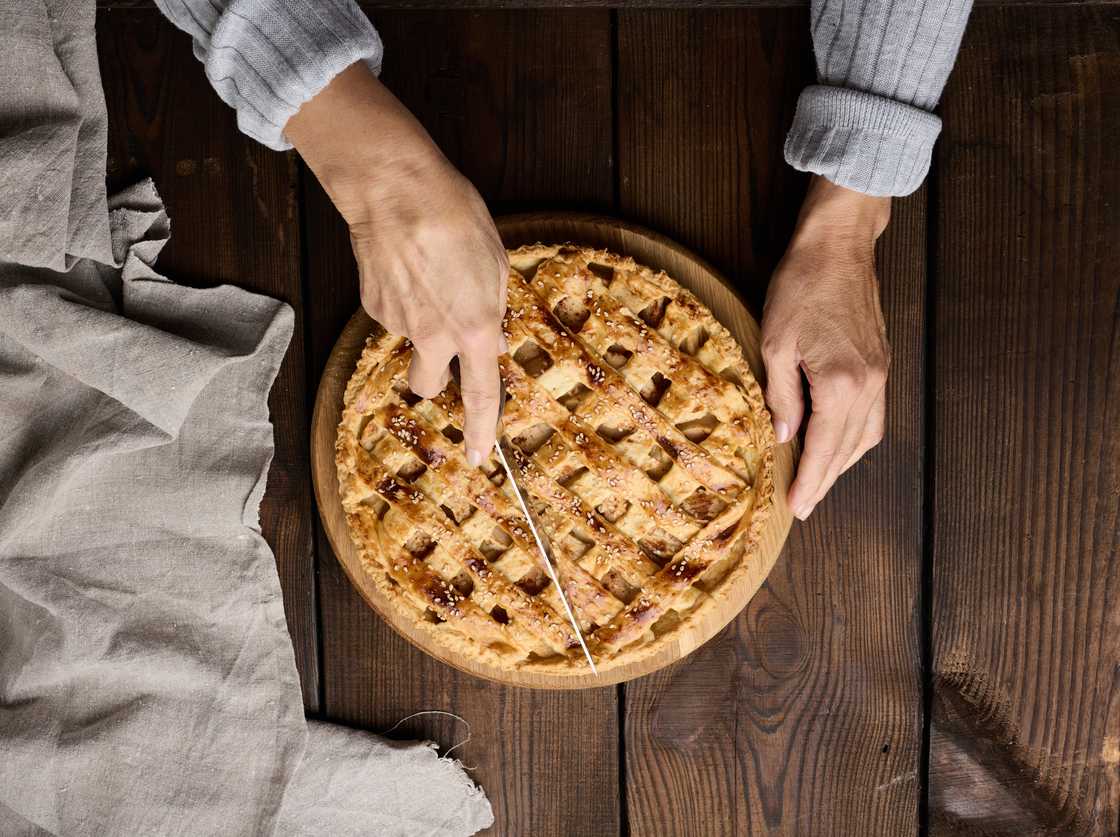 Baked pie on a table.