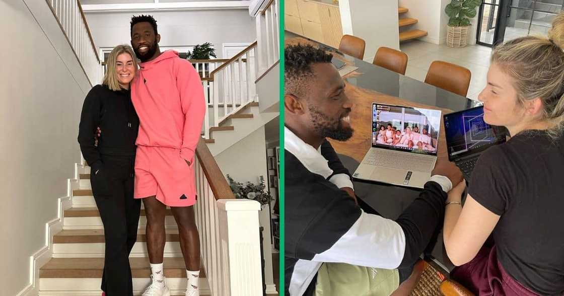 Siya Kolisi and his wife Rachel Kolisi posing together and chilling together Siya Kolisi and his wife Rachel Kolisi posing together and chilling together