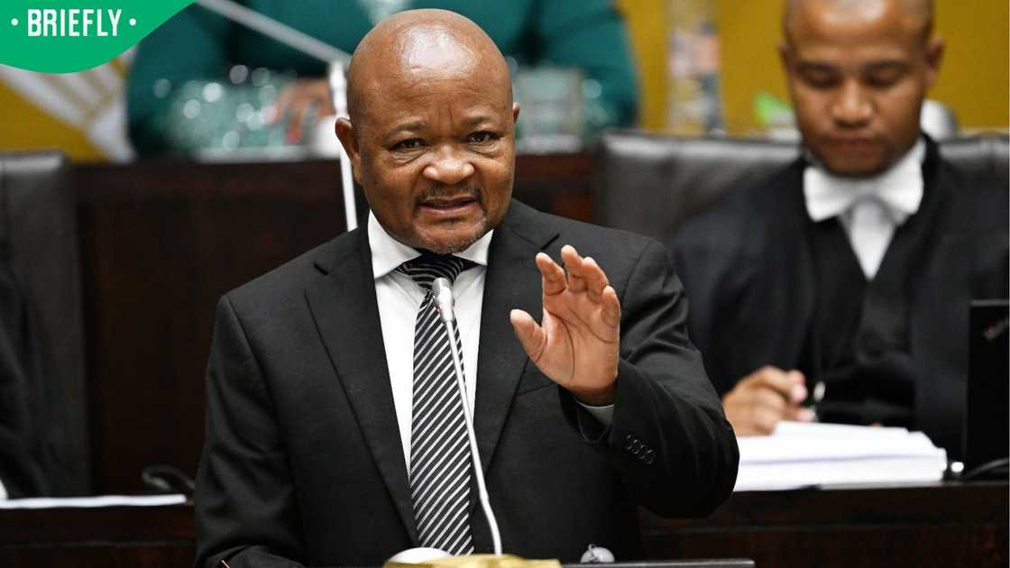 Senzo Mchunu addressing Parliament where he was asked about the number of claims made against police for wrongful arrests.