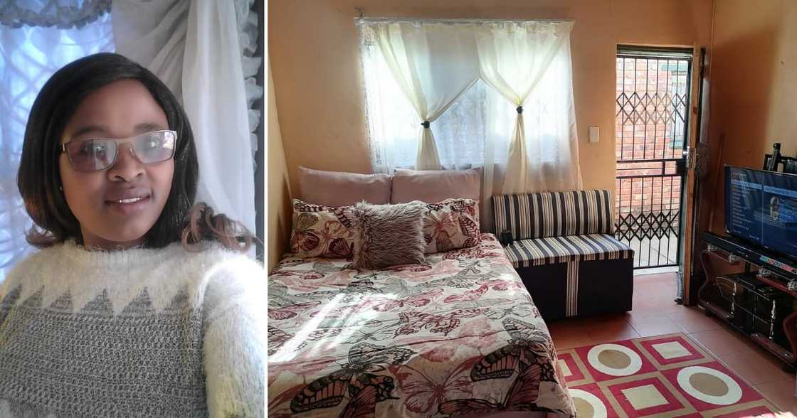 The woman is proud of her one-roomed place and keeps it tidy The woman is proud of her one-roomed place and keeps it tidy