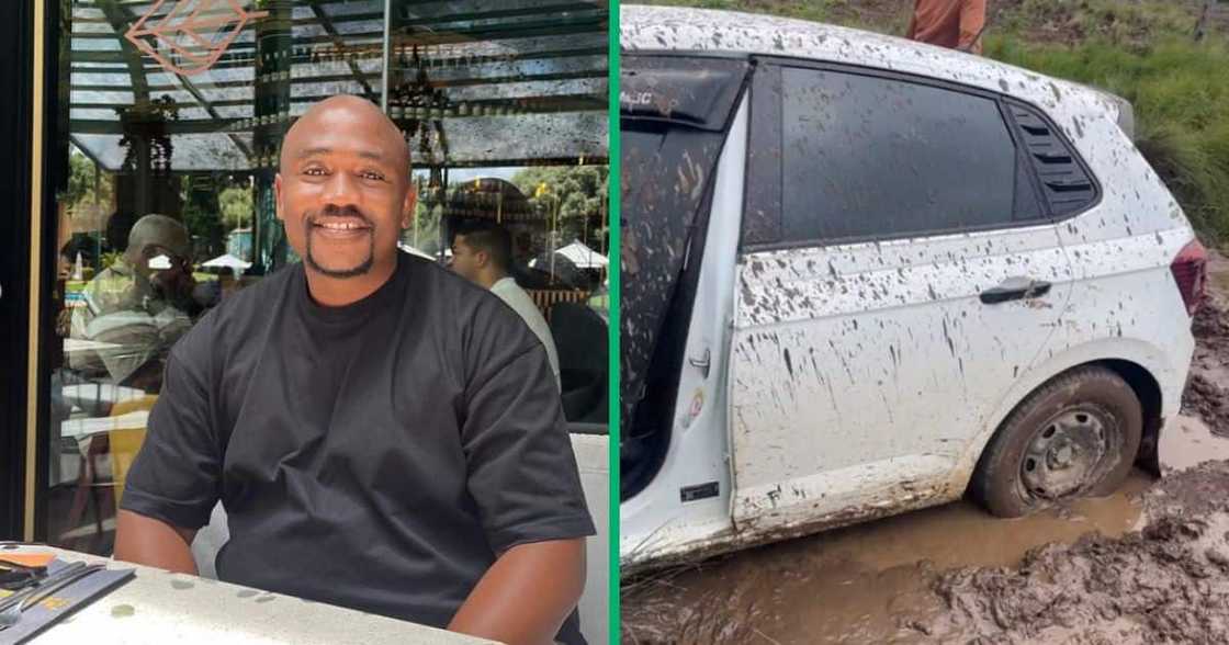 Man's Polo stuck in the mud Man's Polo stuck in the mud