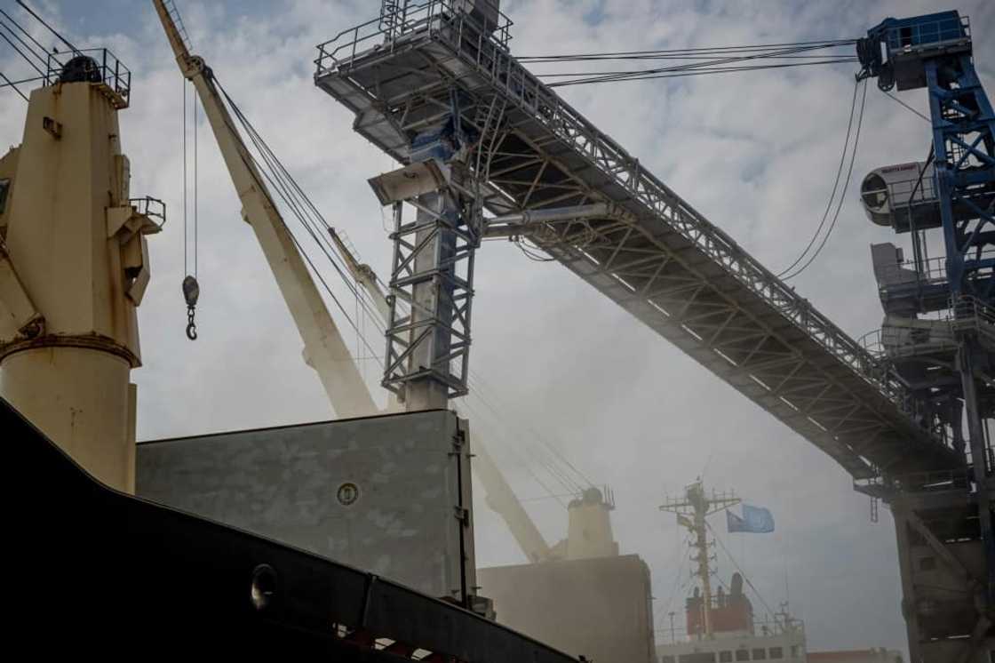 The first UN-chartered vessel, MV Brave Commander, loads more than 23,000 tons of grain to export to Ethiopia, in Yuzhne, east of Odessa on the Black Sea coast, on August 14, 2022