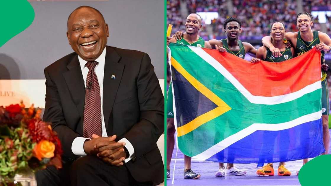 President Cyril Ramaphosa celebrates SA men's Olympic silver relay medal President Cyril Ramaphosa celebrates SA men's Olympic silver relay medal