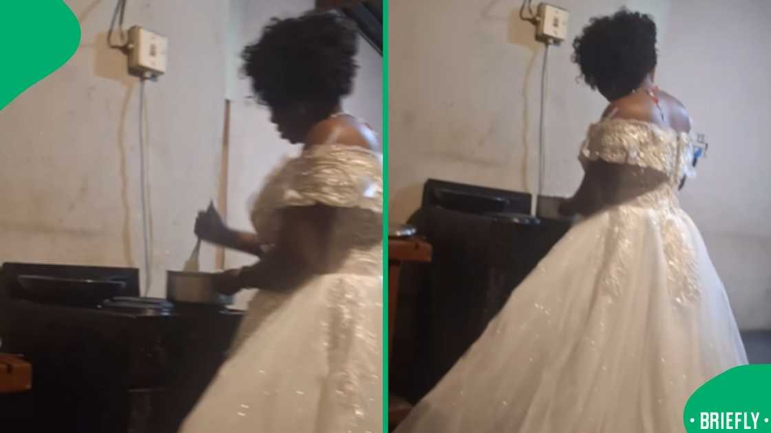A woman in her wedding gown went viral after preparing pap for her husband