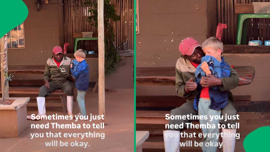 The boy's tearful face transformed instantly after the worker pulled him close and whispered comforting words