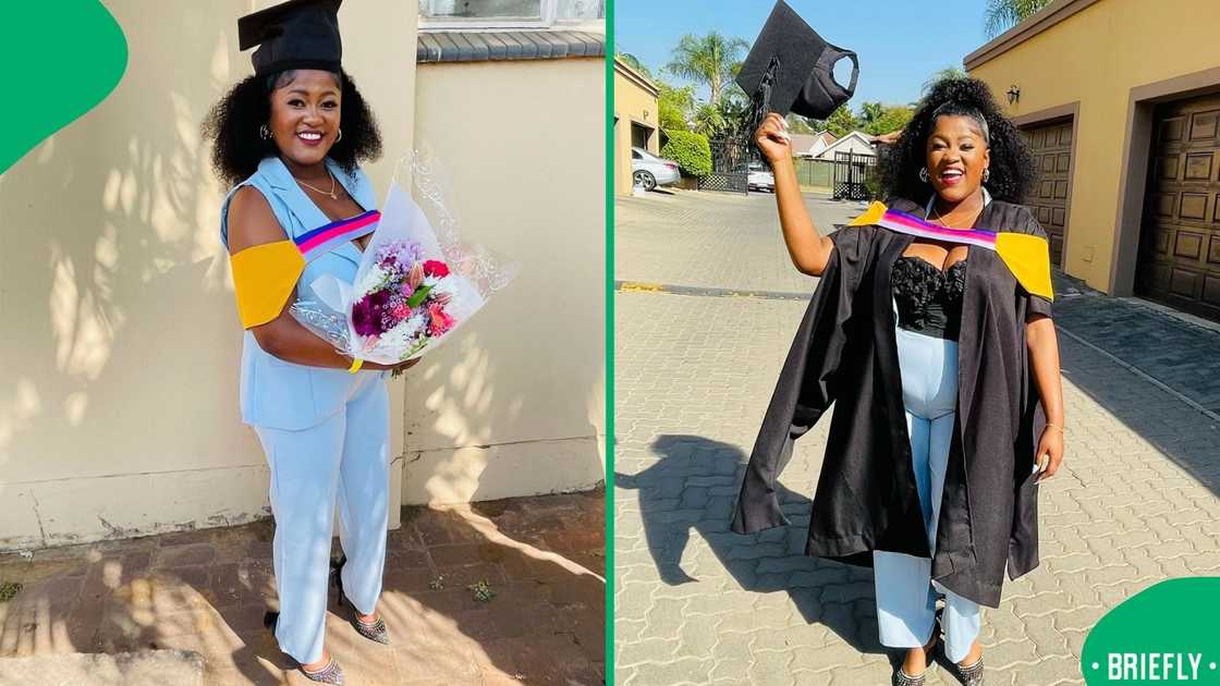 Khanyi on the right, wearing a graduation regalia Khanyi on the right, wearing a graduation regalia