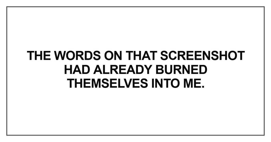 The words on that screenshot had already burned themselves into me The words on that screenshot had already burned themselves into me