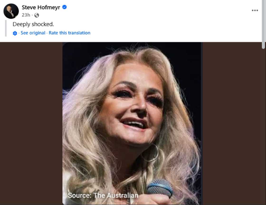 Steve Hofmeyr shared a reaction to Bonnie Tyler's passing. Steve Hofmeyr shared a reaction to Bonnie Tyler's passing.