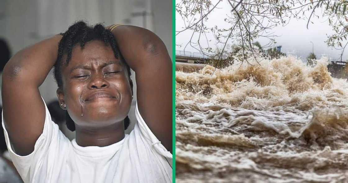 Stock photos of a crying woman and a flash flood Stock photos of a crying woman and a flash flood