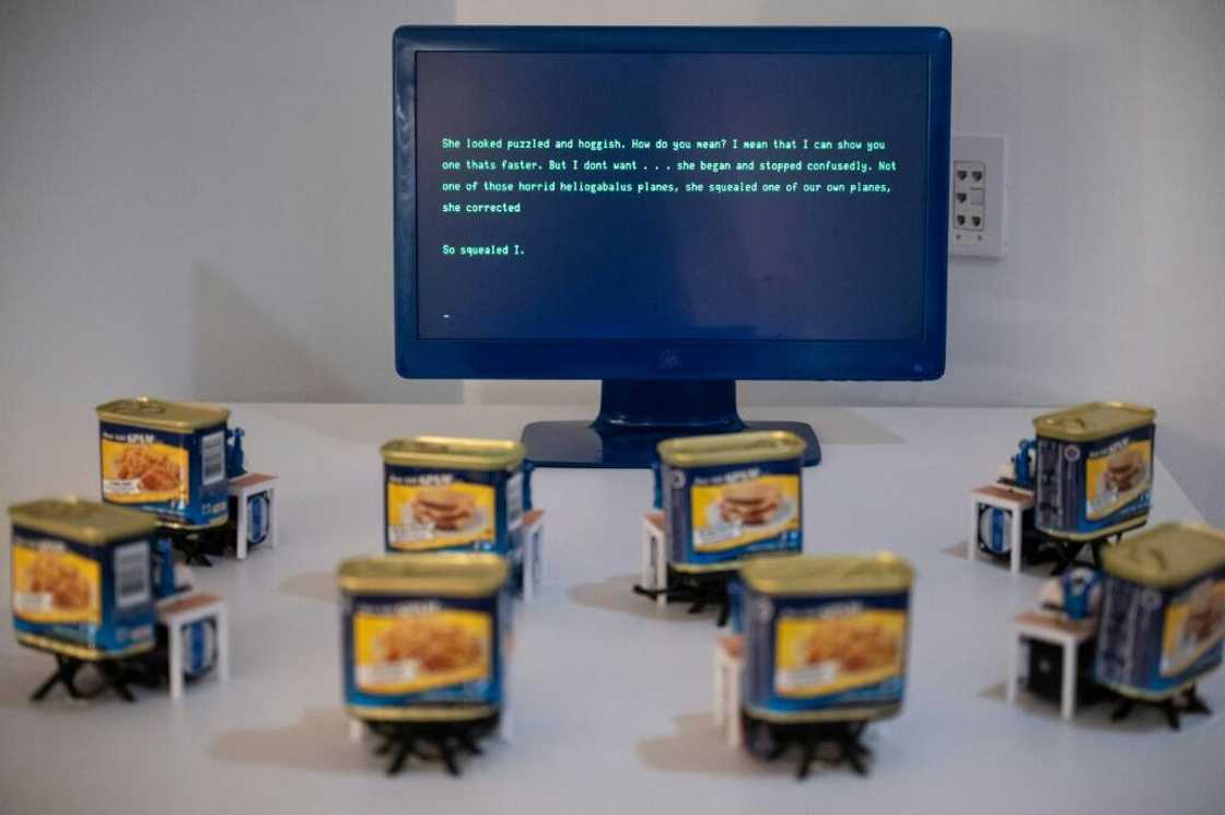 In this exhibit, AI disburses pithy observations to the visitors that cross into its line of vision In this exhibit, AI disburses pithy observations to the visitors that cross into its line of vision