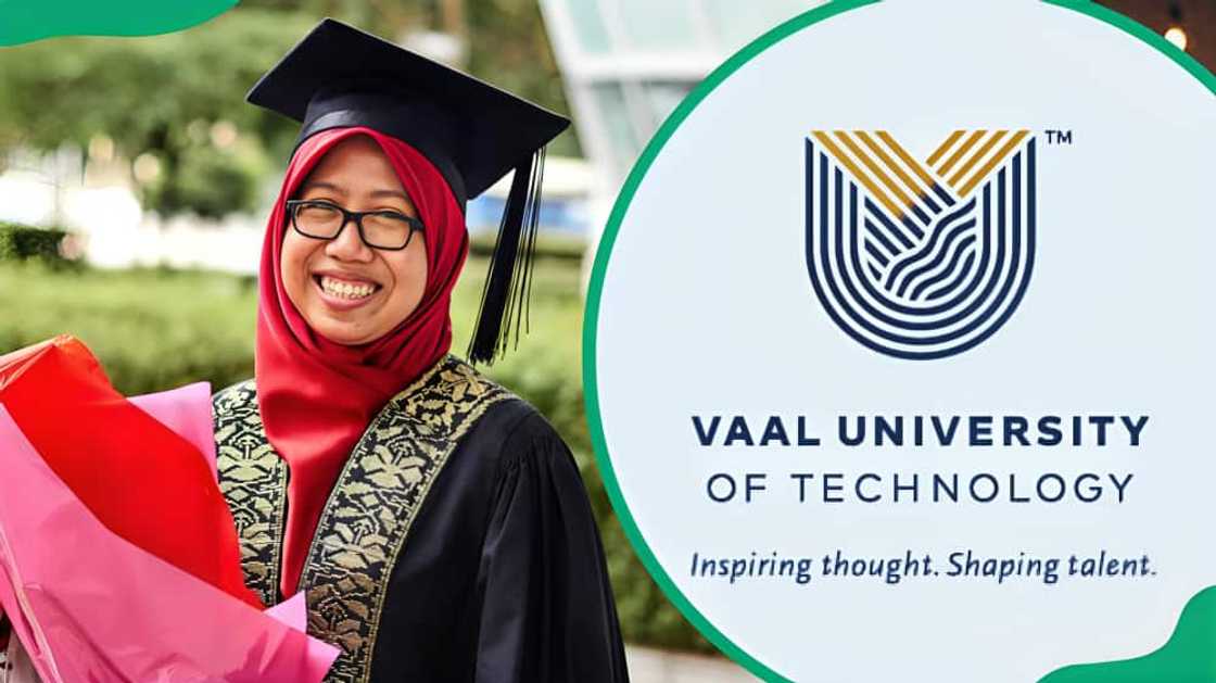 VAAL University of Technology (VUT) logo and a student during graduation VAAL University of Technology (VUT) logo and a student during graduation
