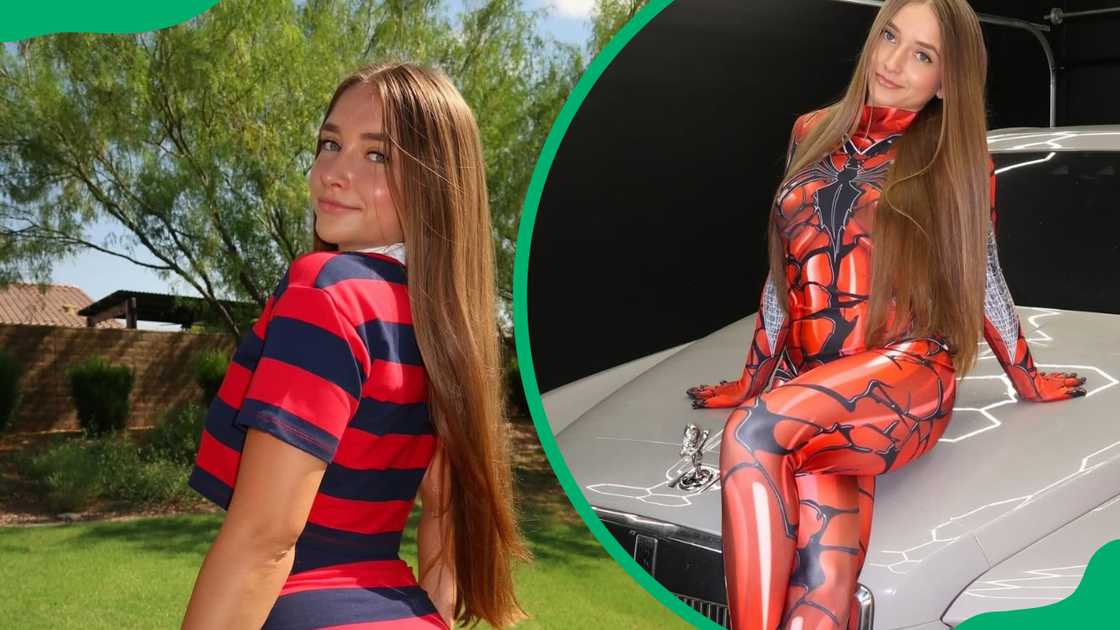 Skylar Mae poses in striped and a spiderman-inspired outfits Skylar Mae poses in striped and a spiderman-inspired outfits