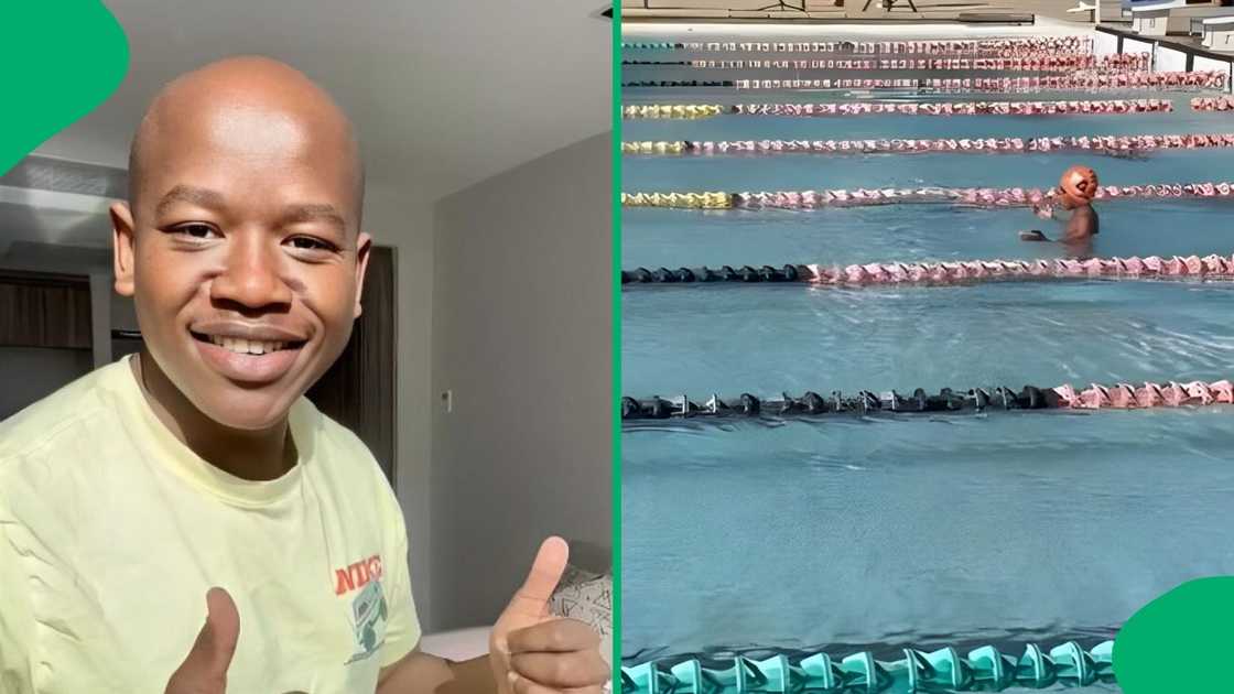 A father showed how his son went from last to first in a swimming race. A father showed how his son went from last to first in a swimming race.
