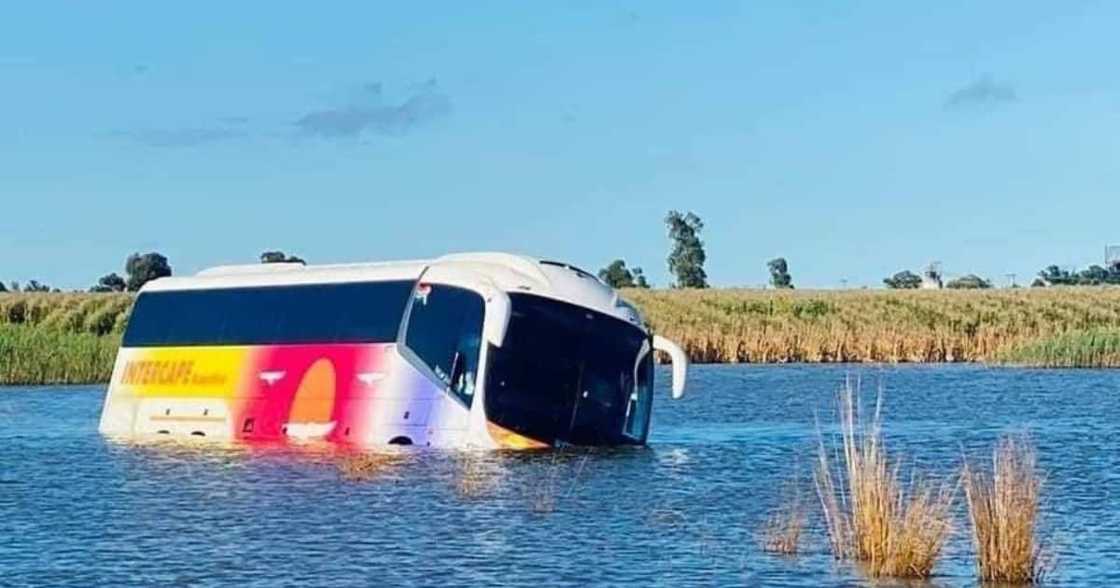 Stranded bus, flooded road, cars