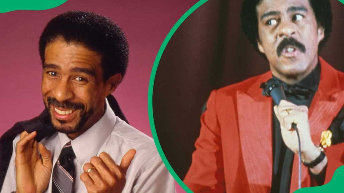 Richard Pryor dressed in a light-coloured shirt and tie (L). The comedian during a stage show (R)