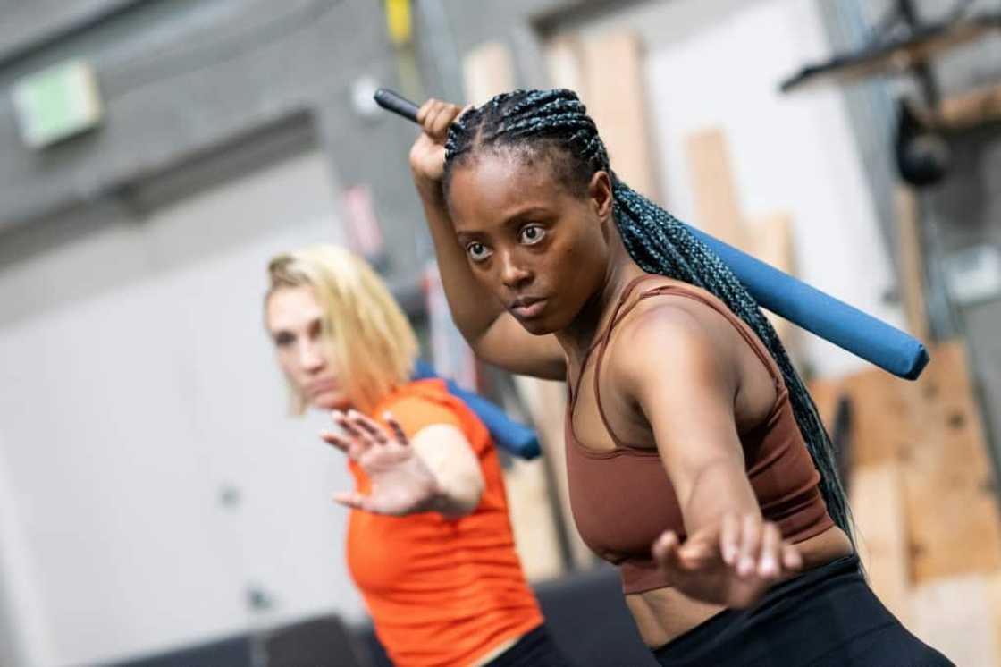 Students attend a stunt training session at the Tempest Academy in Chatsworth, California, on August 10, 2023 Students attend a stunt training session at the Tempest Academy in Chatsworth, California, on August 10, 2023