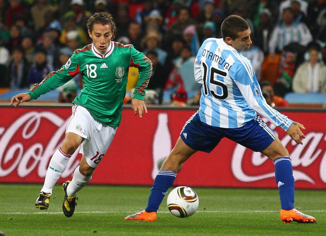 Andres Guardado and Nicolas Otamendi during the 2010 FIFA World Cup