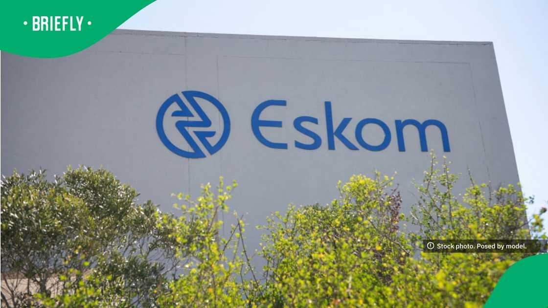 A close-up shot captured the Eskom company name and emblem displayed on the exterior of a power facility building under a bright sky A close-up shot captured the Eskom company name and emblem displayed on the exterior of a power facility building under a bright sky