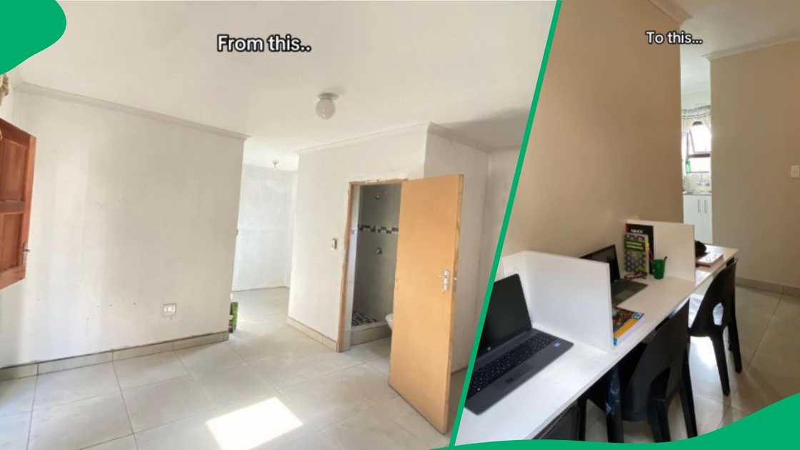 A young woman showed before-and-after pictures of her study room. A young woman showed before-and-after pictures of her study room.