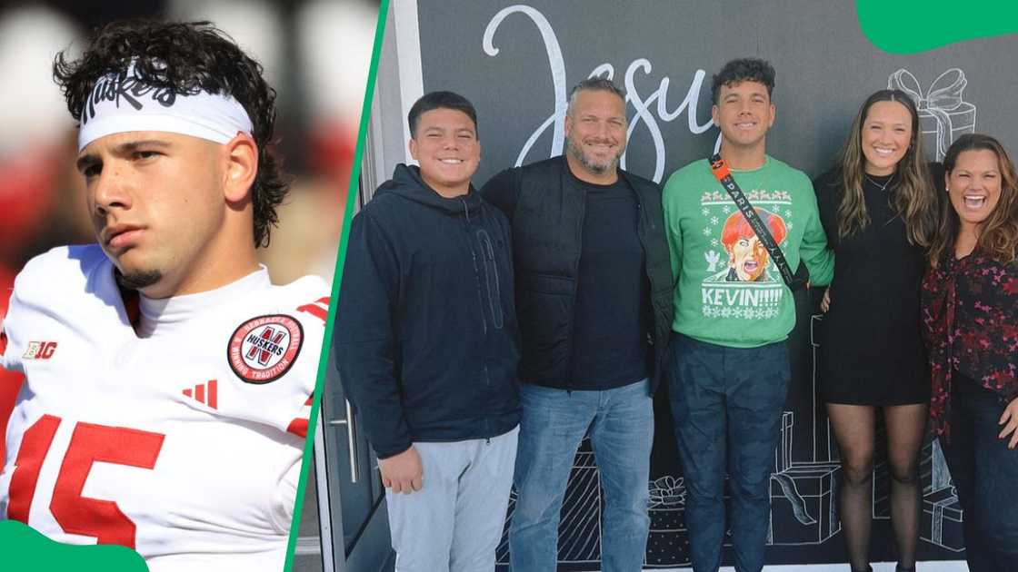 Dylan Raiola at the Memorial Stadium in 2024(L). Yvonne Raiola's family posing for a photo (R)