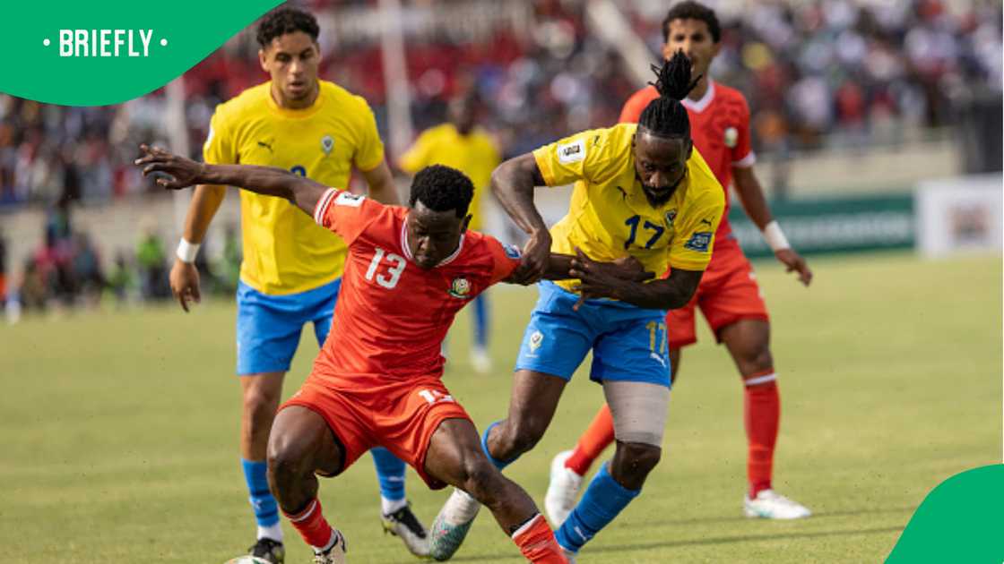 Andre Biyogo Poko contests possession with Kenya’s Eric Ouma during the World Cup qualifier in Nairobi Andre Biyogo Poko contests possession with Kenya’s Eric Ouma during the World Cup qualifier in Nairobi