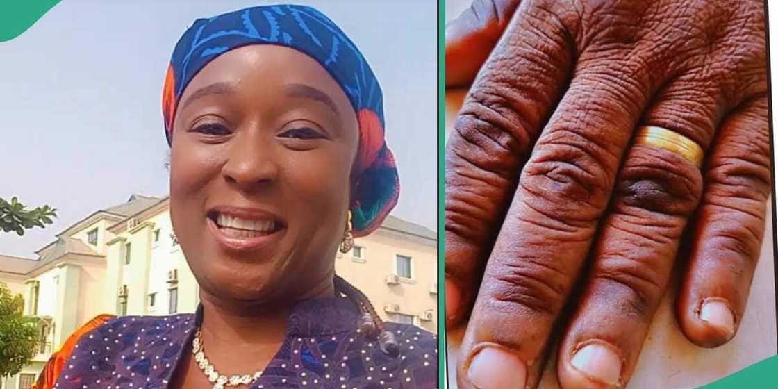 Lady shows her mother's wedding ring. Lady shows her mother's wedding ring.