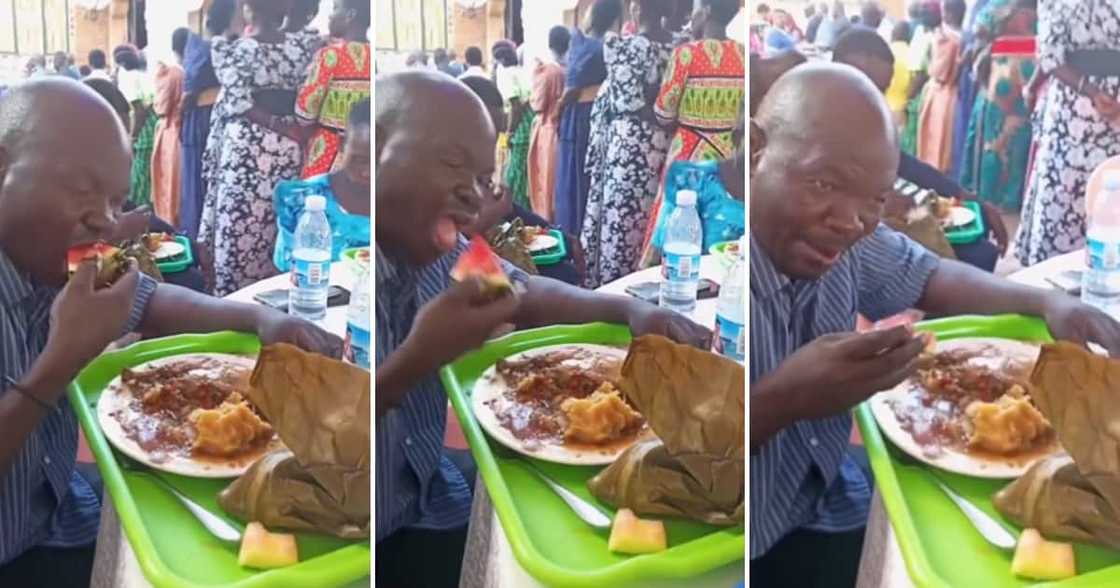 Old man dipping watermelon into gravy