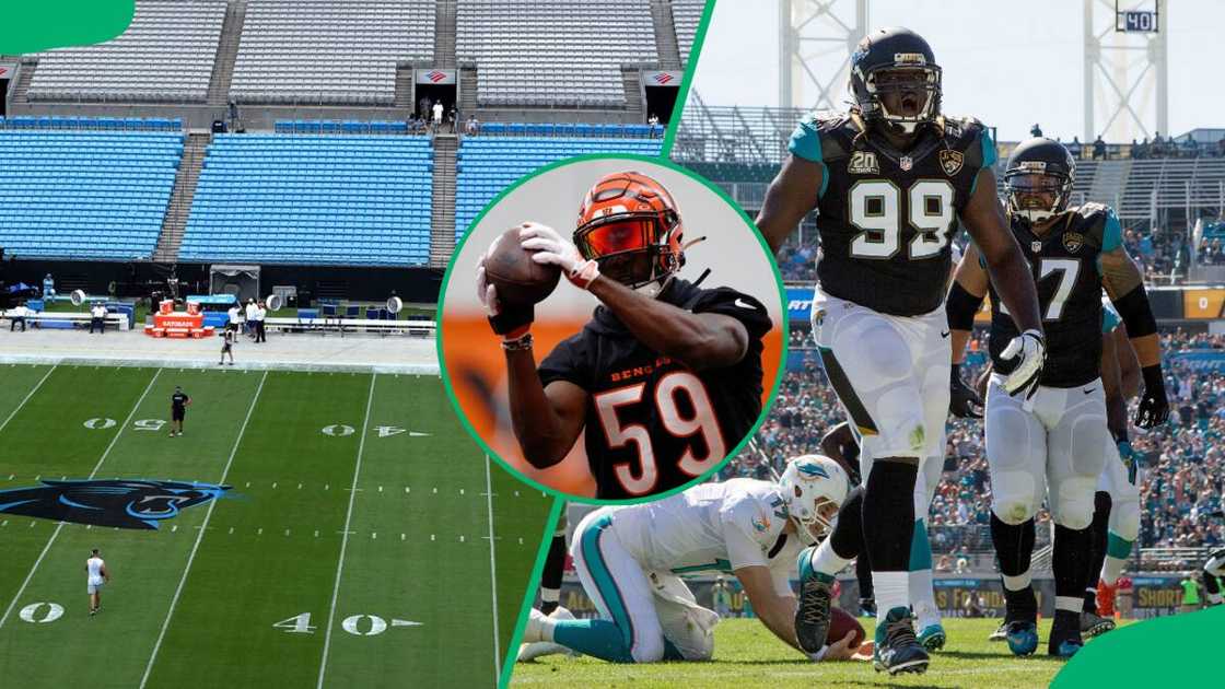 A photo collage of American football field and players A photo collage of American football field and players