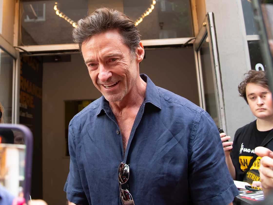 Hugh Jackman is seen outside Minetta Lane Theatre in New York City