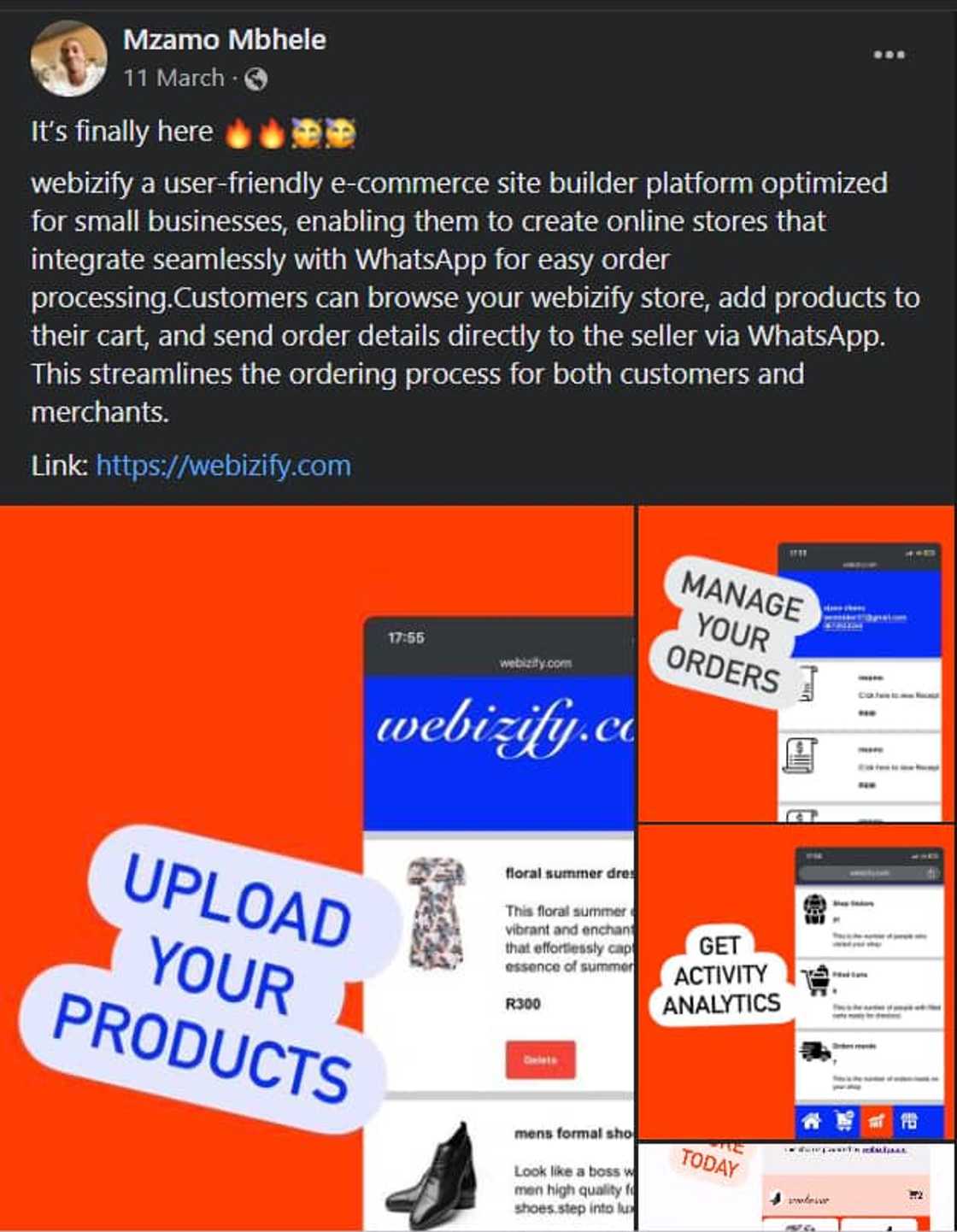 Mzamo Mbhele developed an app called Webizify, a user-friendly platform for small businesses to create online stores.