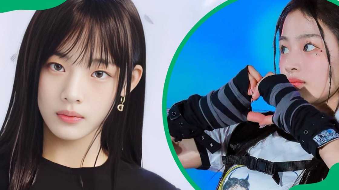 Minji in a black top (L). The singer forms a heart shape with her hands (R) Minji in a black top (L). The singer forms a heart shape with her hands (R)