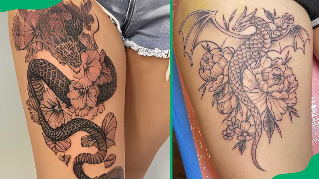 Dragon front thigh tattoos.