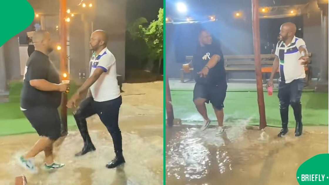 A TikTok video shows gents dancing in the rain, which amused Mzansi.