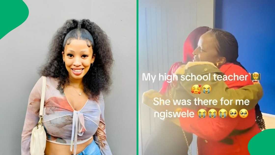 A young woman reunited with her high school teacher. A young woman reunited with her high school teacher.