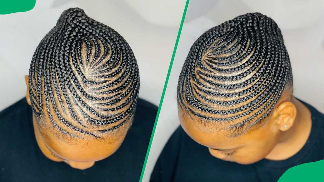 A woman with sleek side-parted cornrows A woman with sleek side-parted cornrows