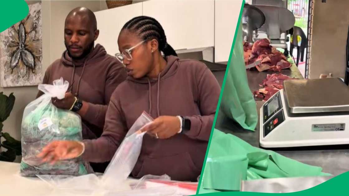 Woman shows meat from stokvel