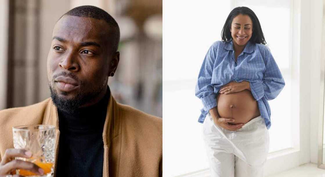 Photos of a pregnant woman and a man holding a beverage glass