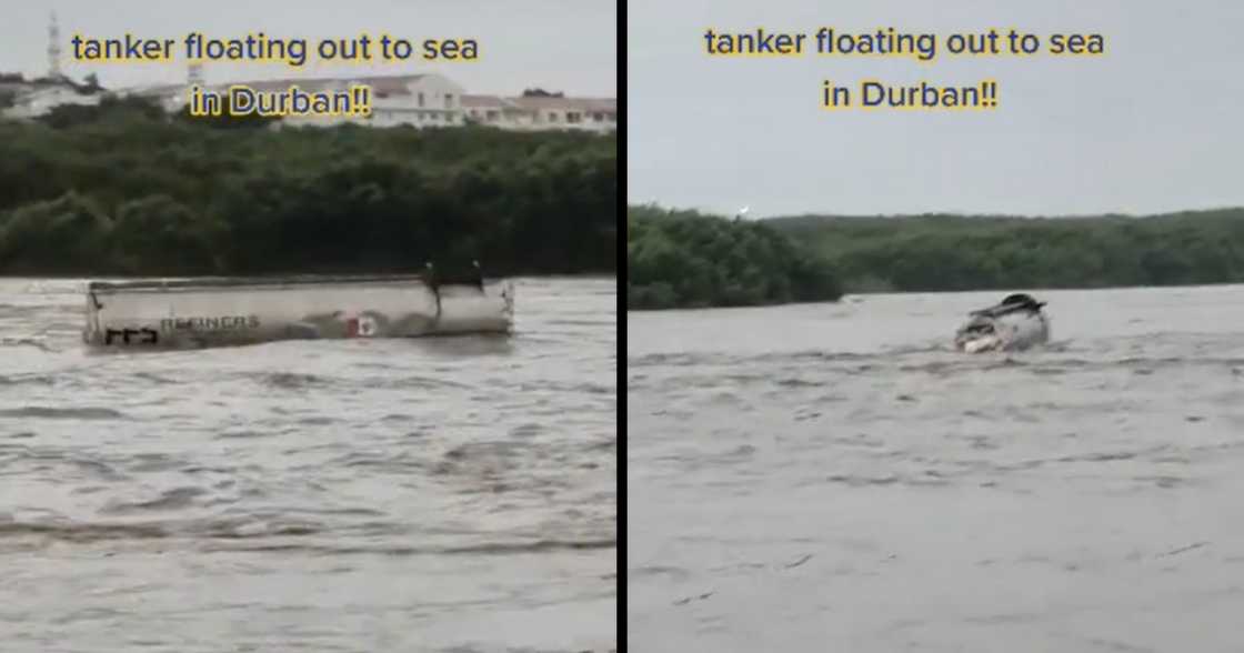 Petrol tanker truck, sea, KwaZulu-Natal, Durban, Indian Ocean, floods, heavy rains