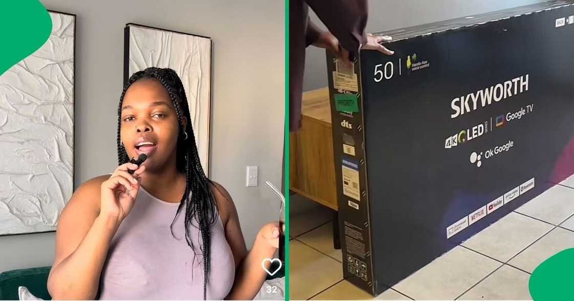 A TikTok video shows a young woman unboxing her brand-new TV and sharing her struggles.