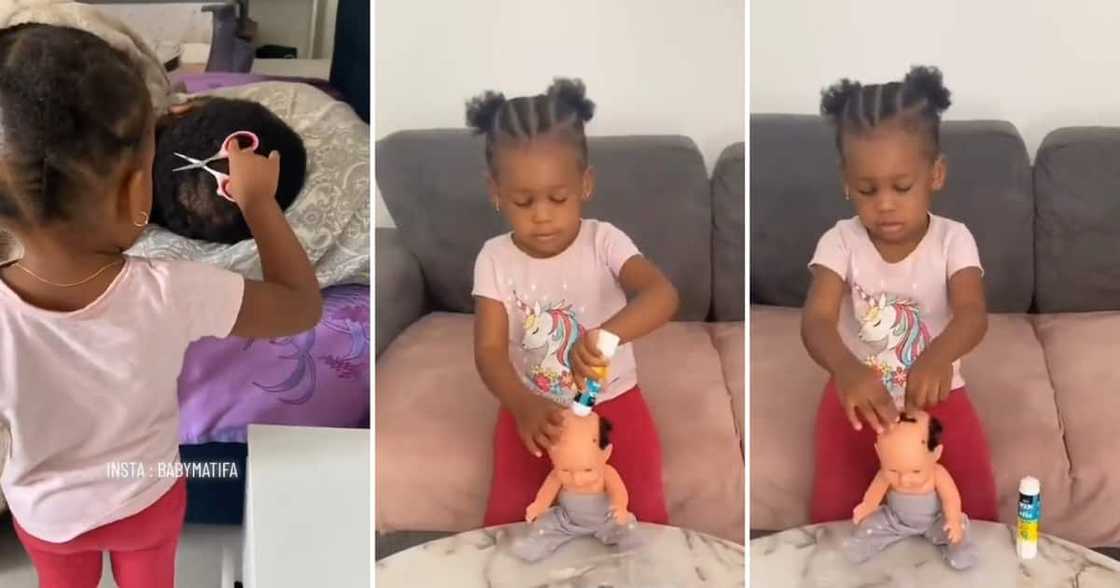 A mischievous girl cut her sleeping dad's hair A mischievous girl cut her sleeping dad's hair